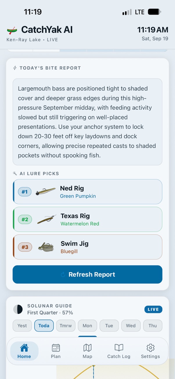 Today's bite report with three AI lure picks and the solunar guide
